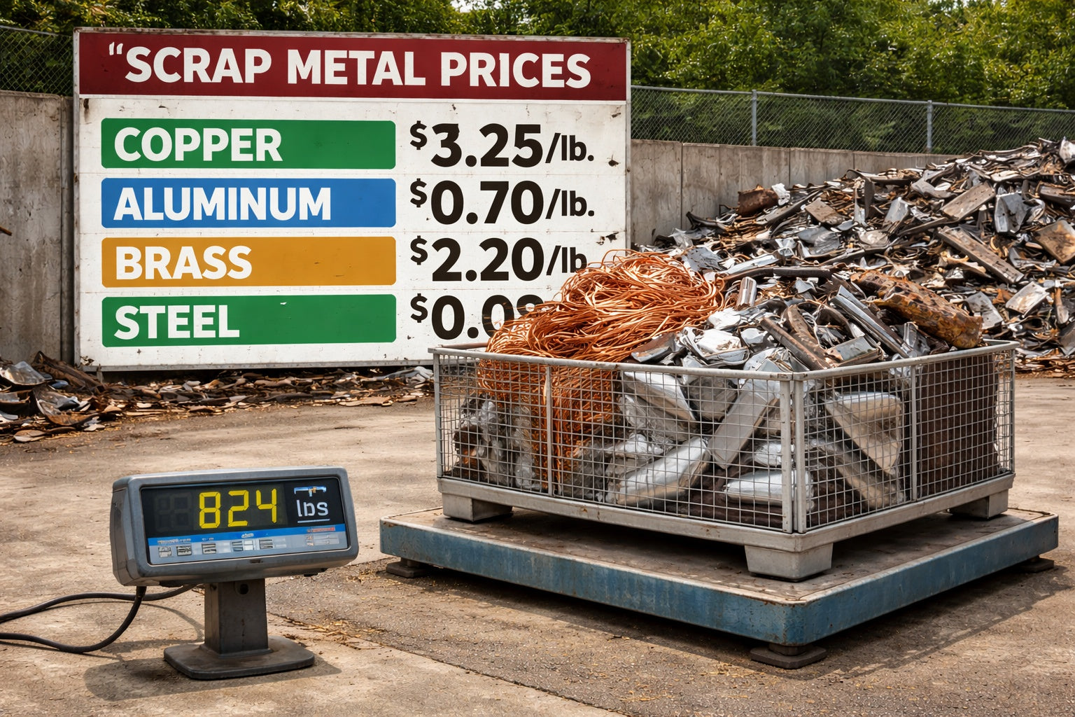 Scrap metal being weighed on a scale with pricing information at a recycling facility