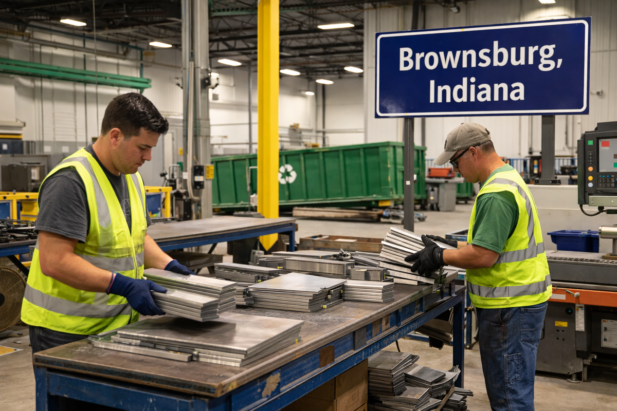 Brownsburg Indiana manufacturing facility with visible Brownsburg sign and workers handling metal near recycling dumpster