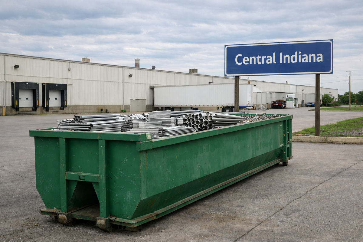 Central Indiana industrial facility with visible Central Indiana sign and organized metal recycling dumpster with clean scrap material