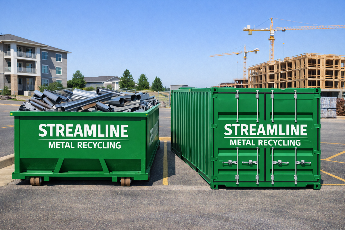 Two green metal recycling containers with 'Streamline Metal Recycling' branding in an outdoor setting.