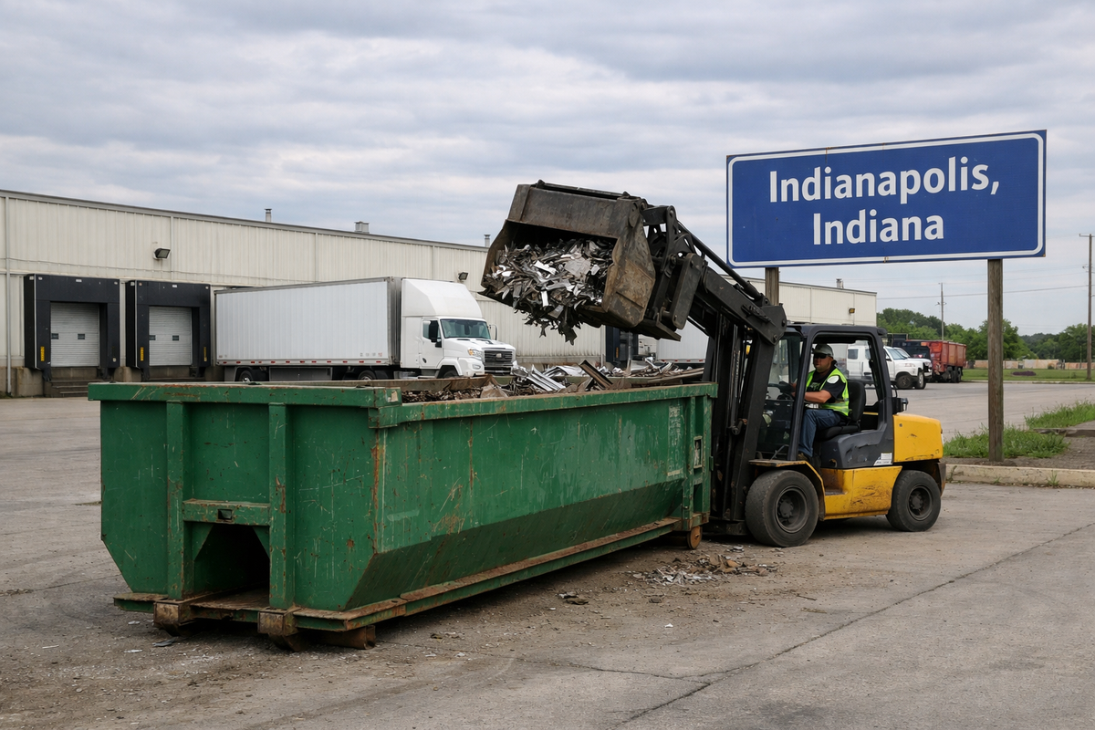 Indianapolis Indiana warehouse with visible Indianapolis sign and forklift loading metal into green recycling roll off dumpster